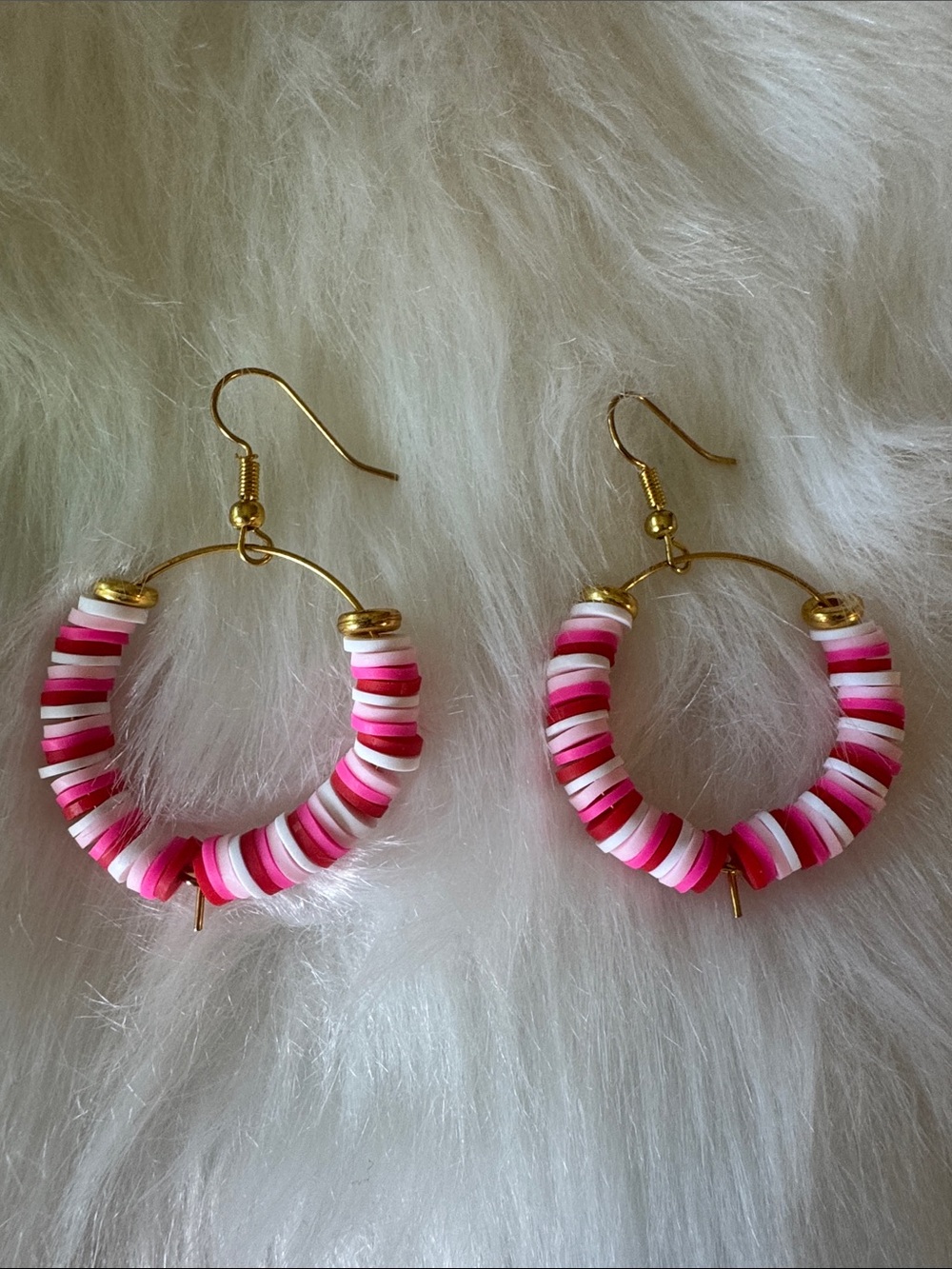 Gold Hoop Earrings with Pink & White Beaded Discs